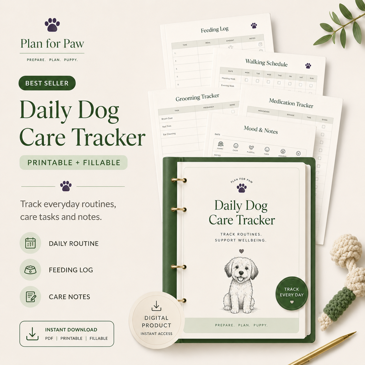 Daily Dog Care Tracker — printable PDF template