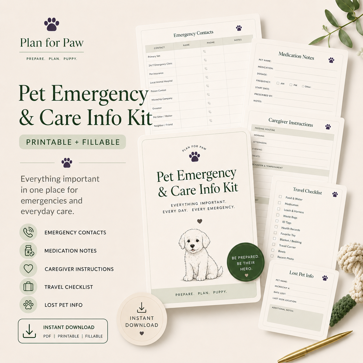 Pet Emergency & Care Info Kit — printable PDF template