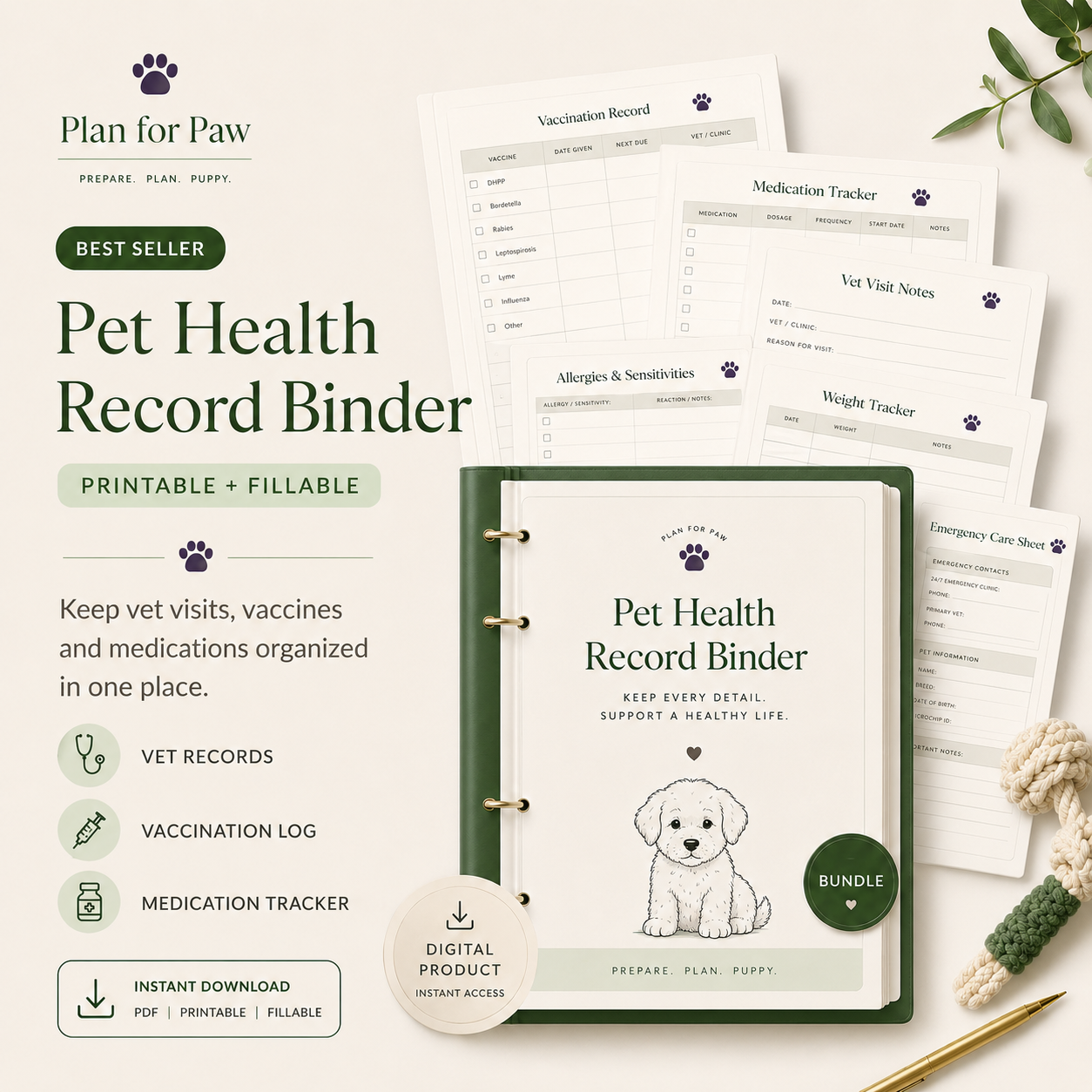 Pet Health Record Binder — printable PDF template